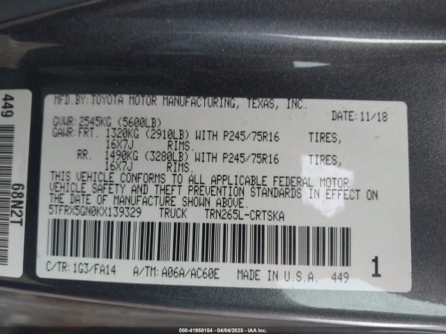 5TFRX5GN0KX139329 Toyota Tacoma Sr