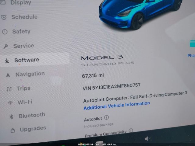 5YJ3E1EA2MF850757 Tesla Model 3 Standard Range Plus Rear-wheel Drive