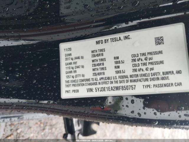 5YJ3E1EA2MF850757 Tesla Model 3 Standard Range Plus Rear-wheel Drive