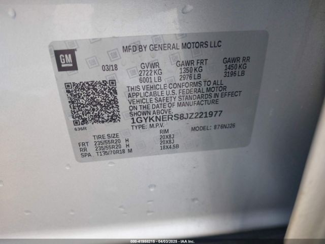 1GYKNERS8JZ221977 Cadillac Xt5 Premium Luxury