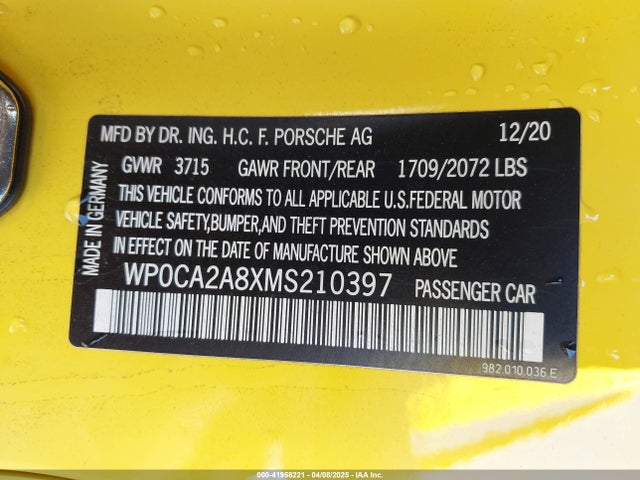 WP0CA2A8XMS210397 Porsche 718 Boxster T