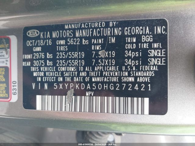5XYPKDA50HG272421 KIA Sorento 3.3l Sx