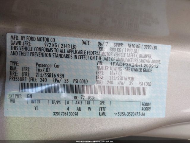 1FADP3K24HL299912 Ford FOCUS SE