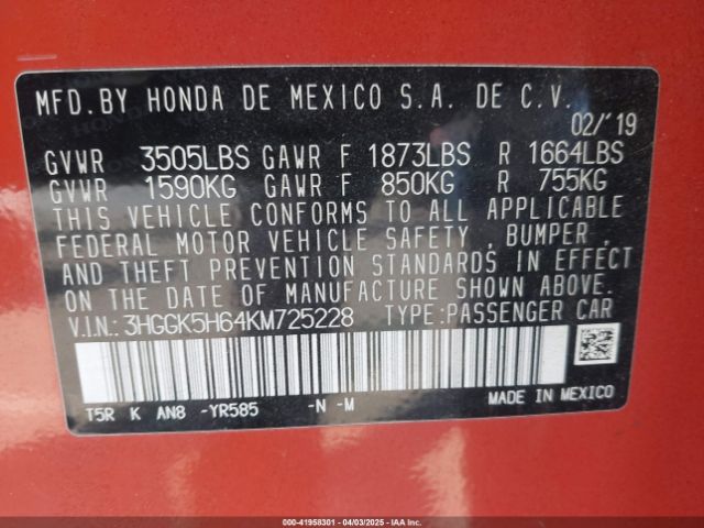 3HGGK5H64KM725228 Honda Fit Sport