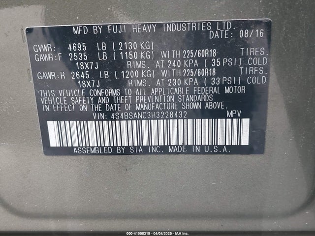 4S4BSANC3H3228432 Subaru Outback 2.5i Limited