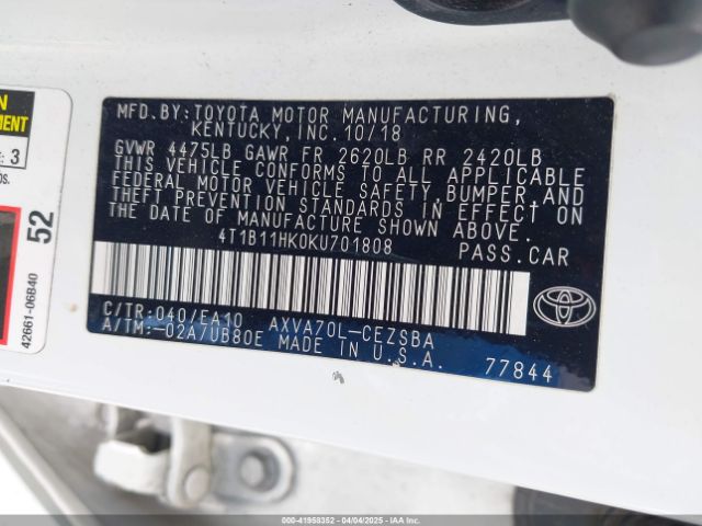 4T1B11HK0KU701808 Toyota CAMRY SE