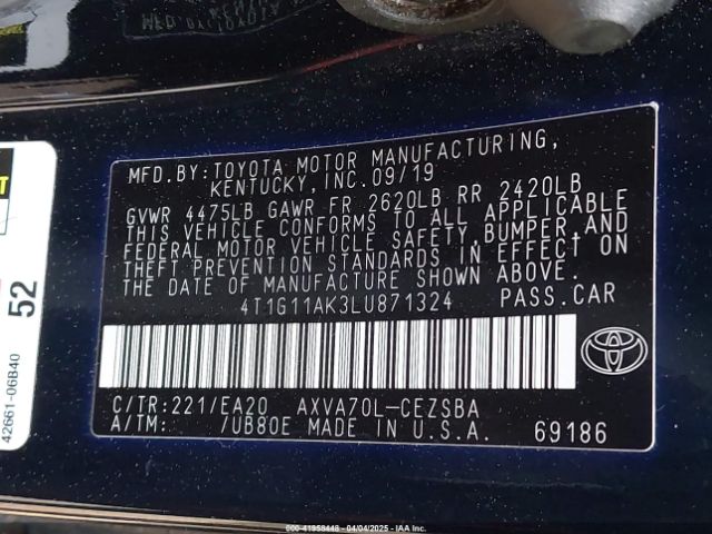 4T1G11AK3LU871324 Toyota CAMRY SE