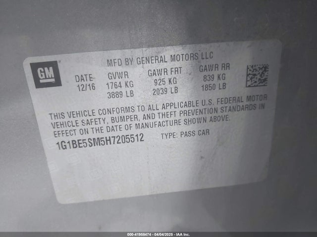 1G1BE5SM5H7205512 Chevrolet le2 -di: direct injection, vvt: variable valve timing, gen, alum