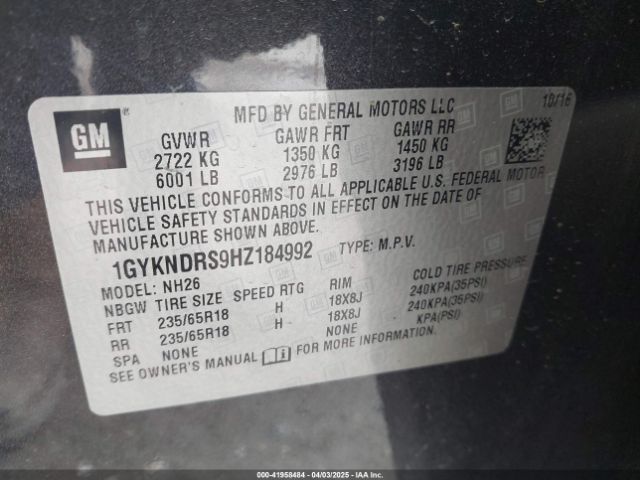 1GYKNDRS9HZ184992 Cadillac XT5 LUXURY