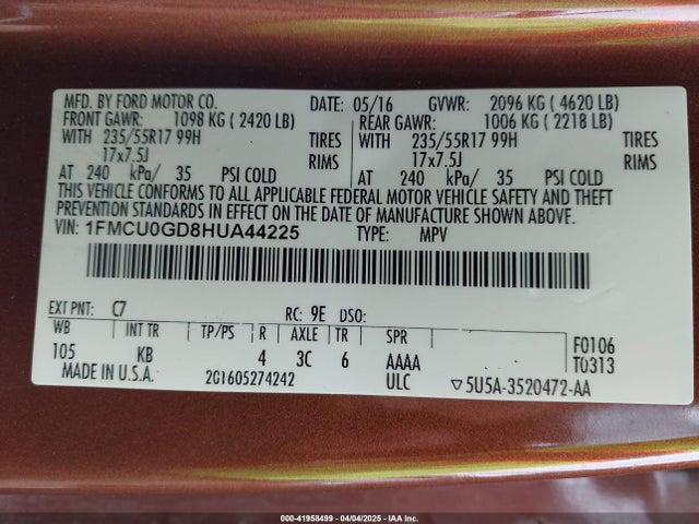 1FMCU0GD8HUA44225 Ford ESCAPE SE