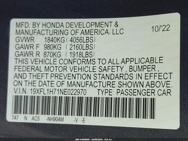 19XFL1H71NE022970 Honda Civic Ex-l