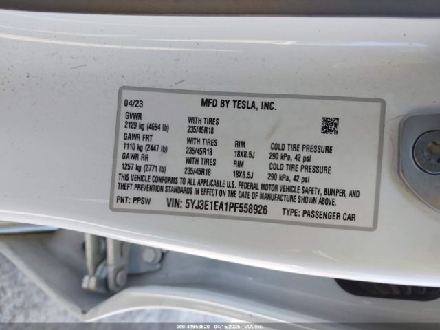 5YJ3E1EA1PF558926 Tesla Model 3 Rear-wheel Drive