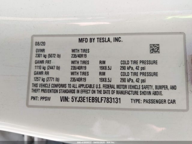 5YJ3E1EB9LF783131 Tesla Model 3 Long Range Dual Motor All-wheel Drive
