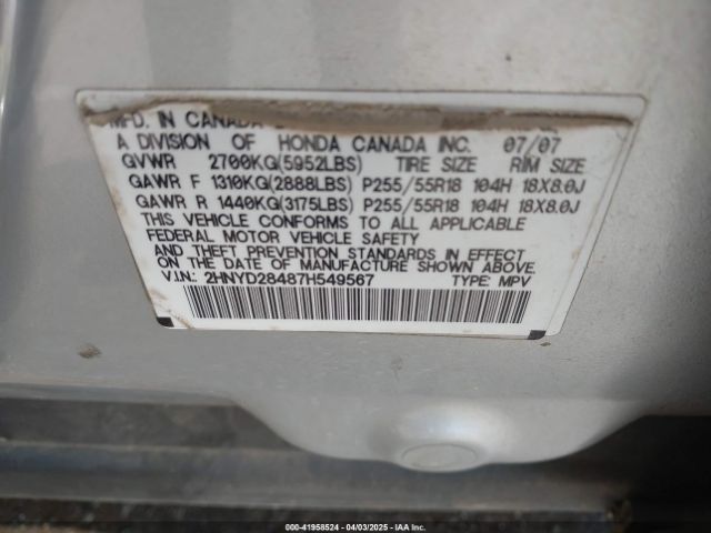 2007 ACURA MDX 2HNYD28487H549567 Photo 8