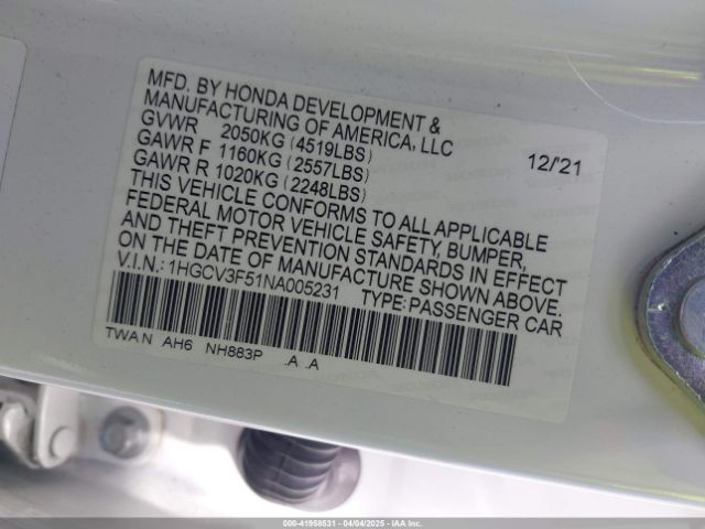1HGCV3F51NA005231 Honda Accord Hybrid Ex-l