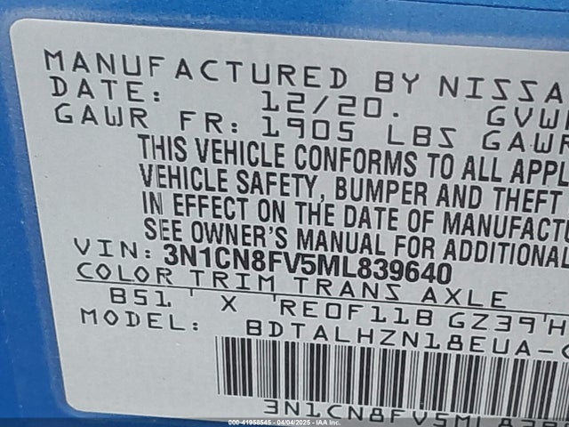 Nissan Versa Sr Xtronic Cvt 2021 3N1CN8FV5ML839640 Image 9