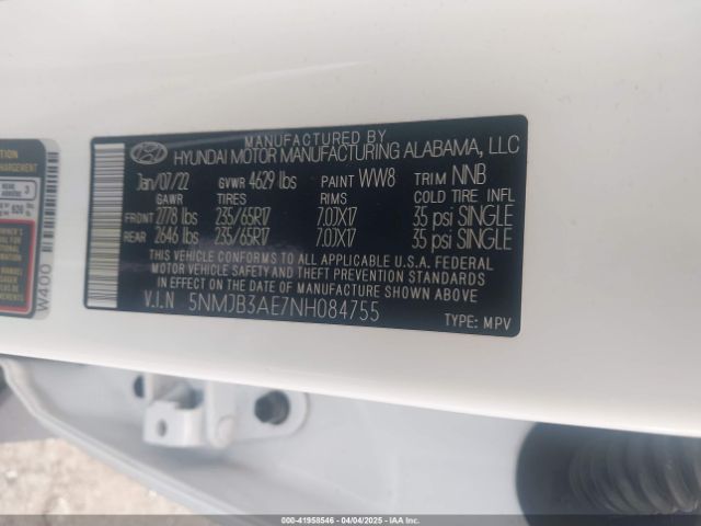 5NMJB3AE7NH084755 Hyundai TUCSON SEL
