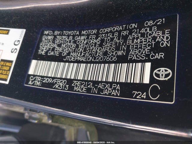 JTDEPMAE0NJ207606 Toyota COROLLA LE