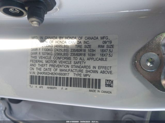 2HKRW2H82KH660817 Honda Cr-v Ex-l