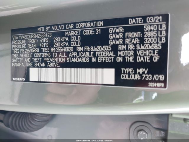 2021 VOLVO XC40 RECHARGE PURE ELECTRIC YV4ED3UR8M2563423 Photo 8