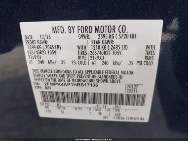 2FMPK4AP1HBB17135 Ford EDGE SPORT