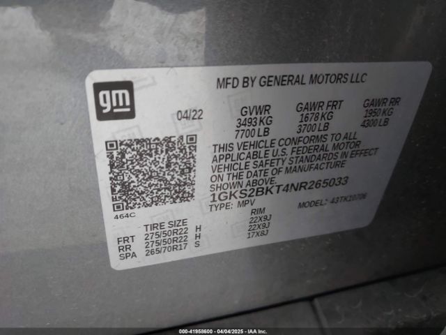 1GKS2BKT4NR265033 GMC lm2 - cri, l6, vgt, alum