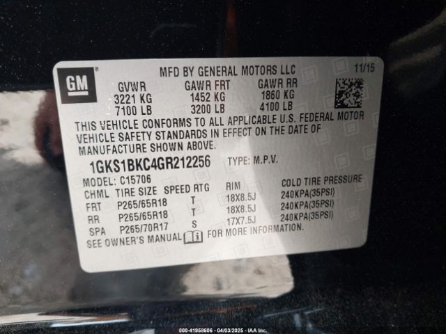 1GKS1BKC4GR212256 GMC YUKON SLT