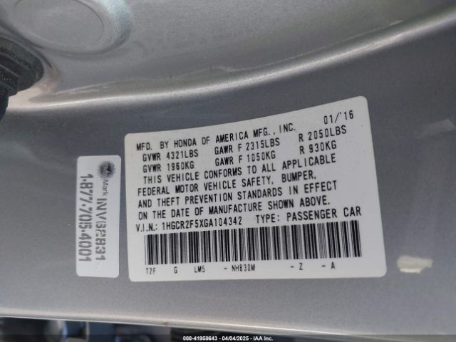 1HGCR2F5XGA104342 Honda Accord Sport