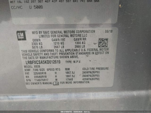 LRBFXCSA5KD012619 Buick Envision Fwd Essence