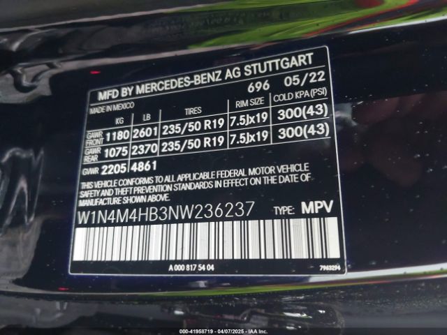 W1N4M4HB3NW236237 Mercedes-Benz Glb 250 4matic