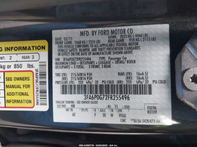 3FA6P0G72FR255496 Ford FUSION S