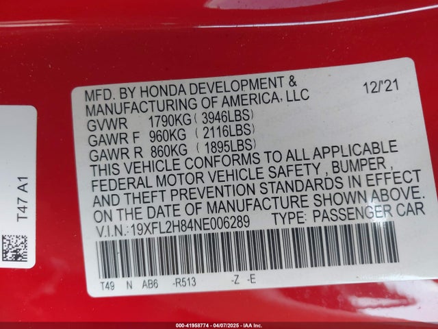 19XFL2H84NE006289 Honda Civic Sport