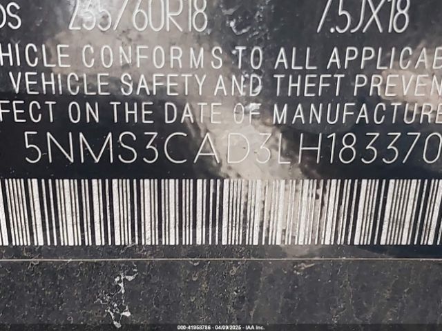 5NMS3CAD3LH183370 Hyundai Santa Fe Sel
