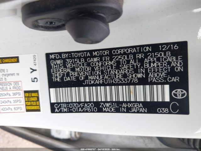 JTDKARFU1H3533778 Toyota Prius Three