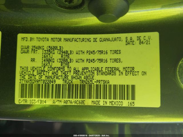 3TYAX5GN9MT022049 Toyota Tacoma Sr