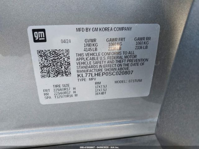KL77LHEP0SC020807 Chevrolet Trax Fwd Lt