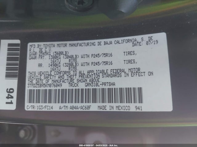 3TMDZ5BN5KM076049 Toyota Tacoma Sr5 V6