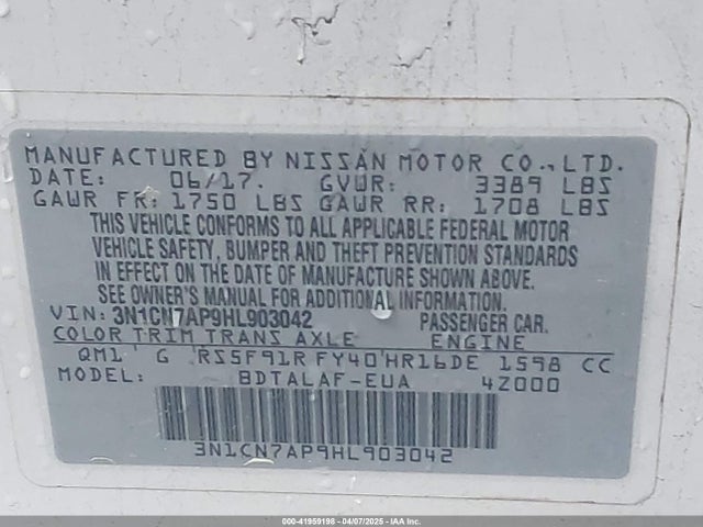 3N1CN7AP9HL903042 Nissan Versa 1.6 S