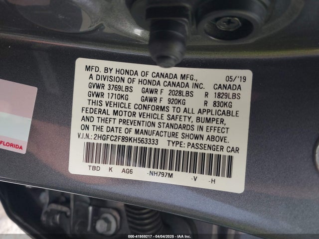 Honda Civic Sport 2019 2HGFC2F89KH563333 Image 9