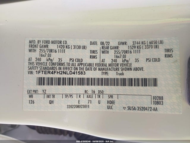Ford RANGER XL 2022 1FTER4FH2NLD41583 Image 9