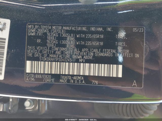 5TDKDRAH1PS040245 Toyota Highlander Xle