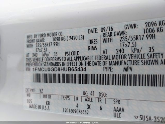 1FMCU0GD8HUB65434 Ford ESCAPE SE