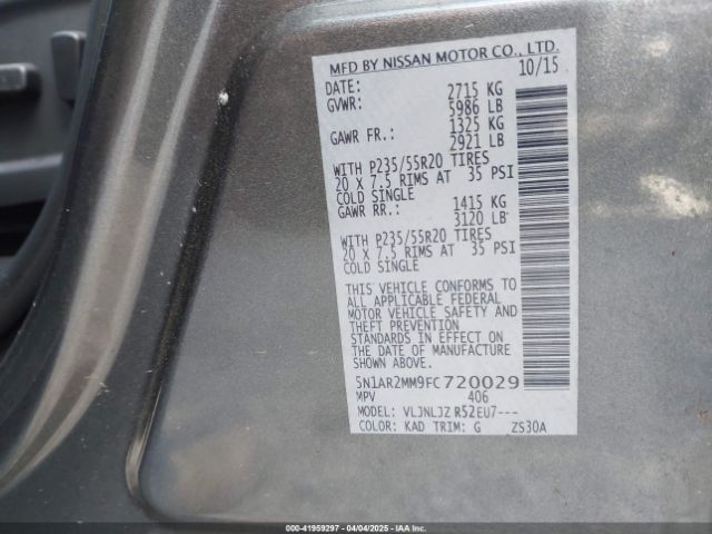 5N1AR2MM9FC720029 Nissan Pathfinder Platinum
