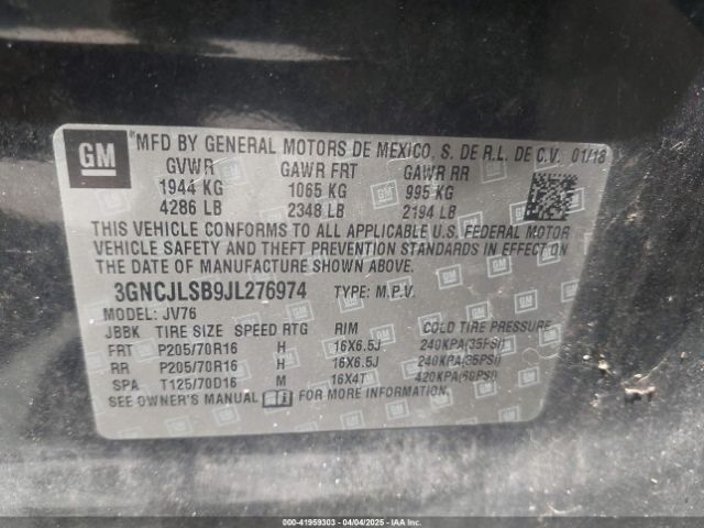 3GNCJLSB9JL276974 Chevrolet Trax Lt