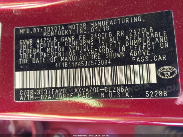 2018 TOYOTA CAMRY 4T1B11HK5JU573094 Photo 8