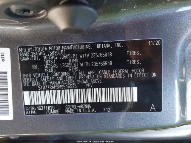 5TDZZRAH5MS516525 Toyota Highlander Le
