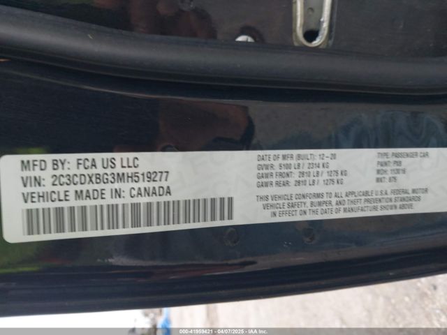 2C3CDXBG3MH519277 Dodge Charger Sxt Rwd