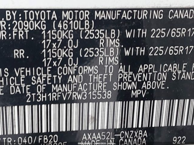 2T3H1RFV7RW315538 Toyota RAV4 LE