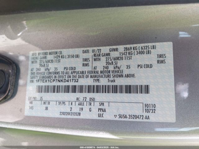 1FTEX1CP7NKD41732 Ford F-150 Xl