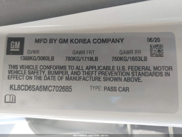 KL8CD6SA6MC702685 Chevrolet Spark Fwd 1lt Automatic